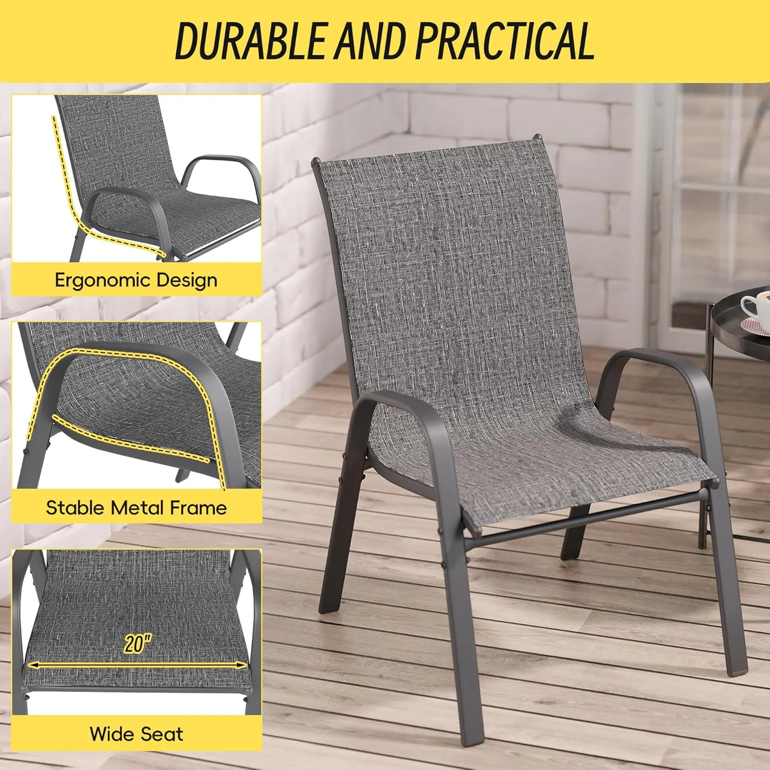 Patio Chairs Set of 6, Stackable Outdoor Dining Chairs Set with Breathable Seat Fabric, All-Weather Powder-Coated Metal Frame for Deck, Pool Side and Backyard, 350LBS Capacity (Grey)