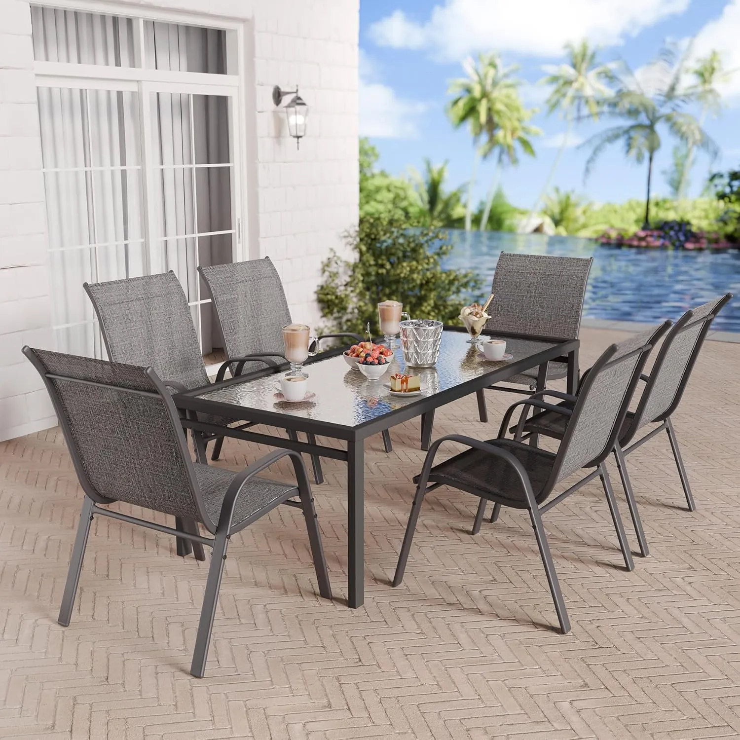 Patio Chairs Set of 6, Stackable Outdoor Dining Chairs Set with Breathable Seat Fabric, All-Weather Powder-Coated Metal Frame for Deck, Pool Side and Backyard, 350LBS Capacity (Grey)