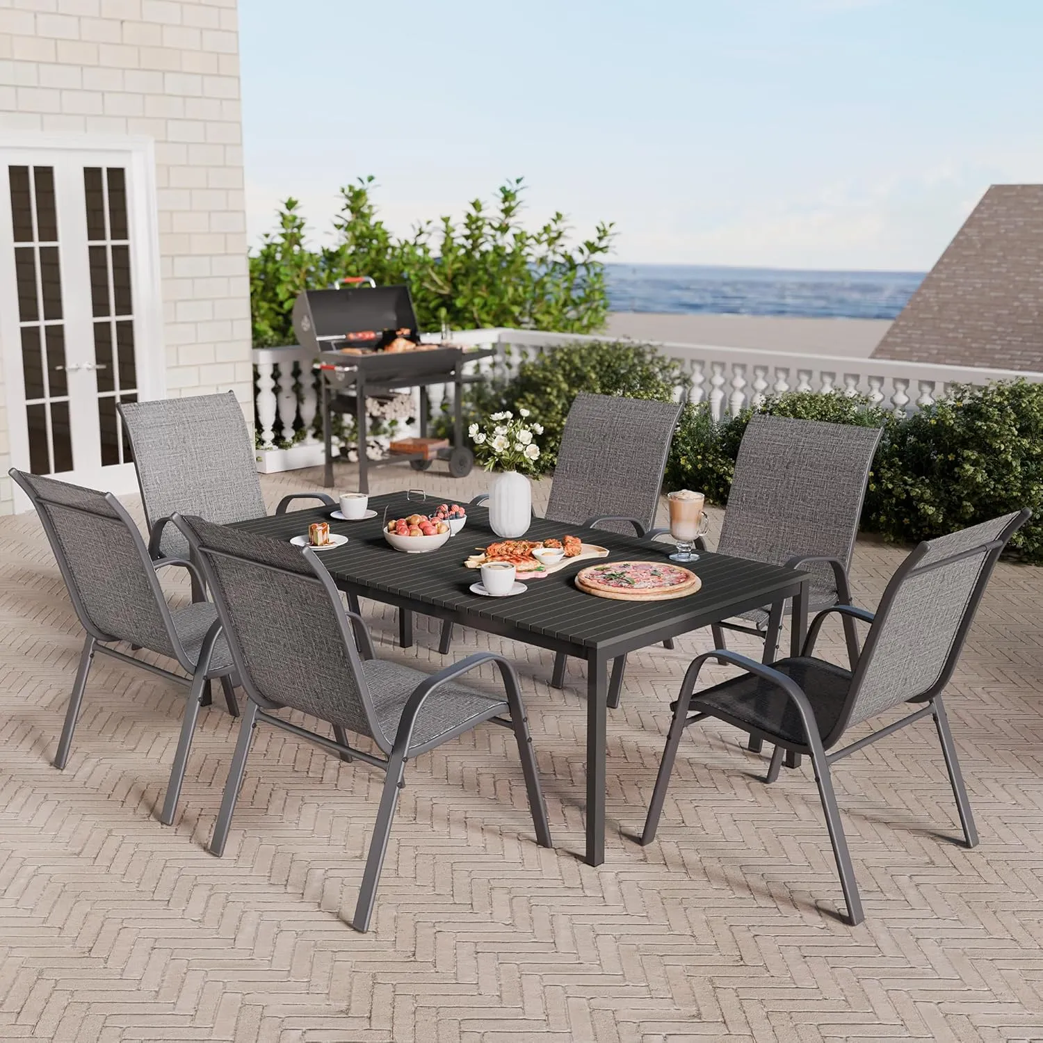 Patio Chairs Set of 6, Stackable Outdoor Dining Chairs Set with Breathable Seat Fabric, All-Weather Powder-Coated Metal Frame for Deck, Pool Side and Backyard, 350LBS Capacity (Grey)