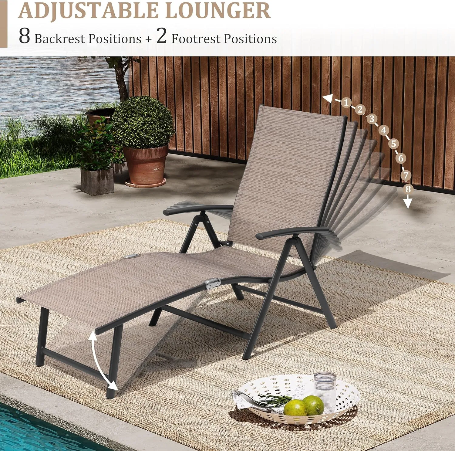 Patio Chaise Lounge Outdoor Adjustable Folding Lounge Chair Recliner with 8 Adjustable Backrest Positions for Pool Beach Yard,Textliene & Brown Aluminum Frame