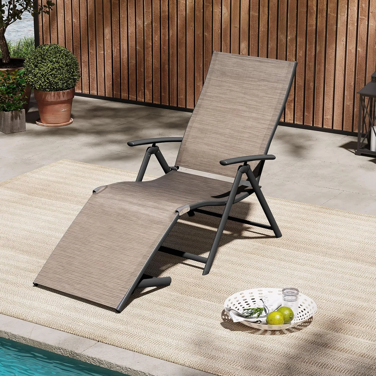 Patio Chaise Lounge Outdoor Adjustable Folding Lounge Chair Recliner with 8 Adjustable Backrest Positions for Pool Beach Yard,Textliene & Brown Aluminum Frame