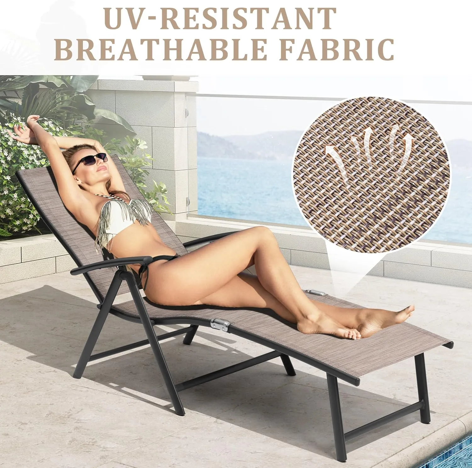 Patio Chaise Lounge Outdoor Adjustable Folding Lounge Chair Recliner with 8 Adjustable Backrest Positions for Pool Beach Yard,Textliene & Brown Aluminum Frame