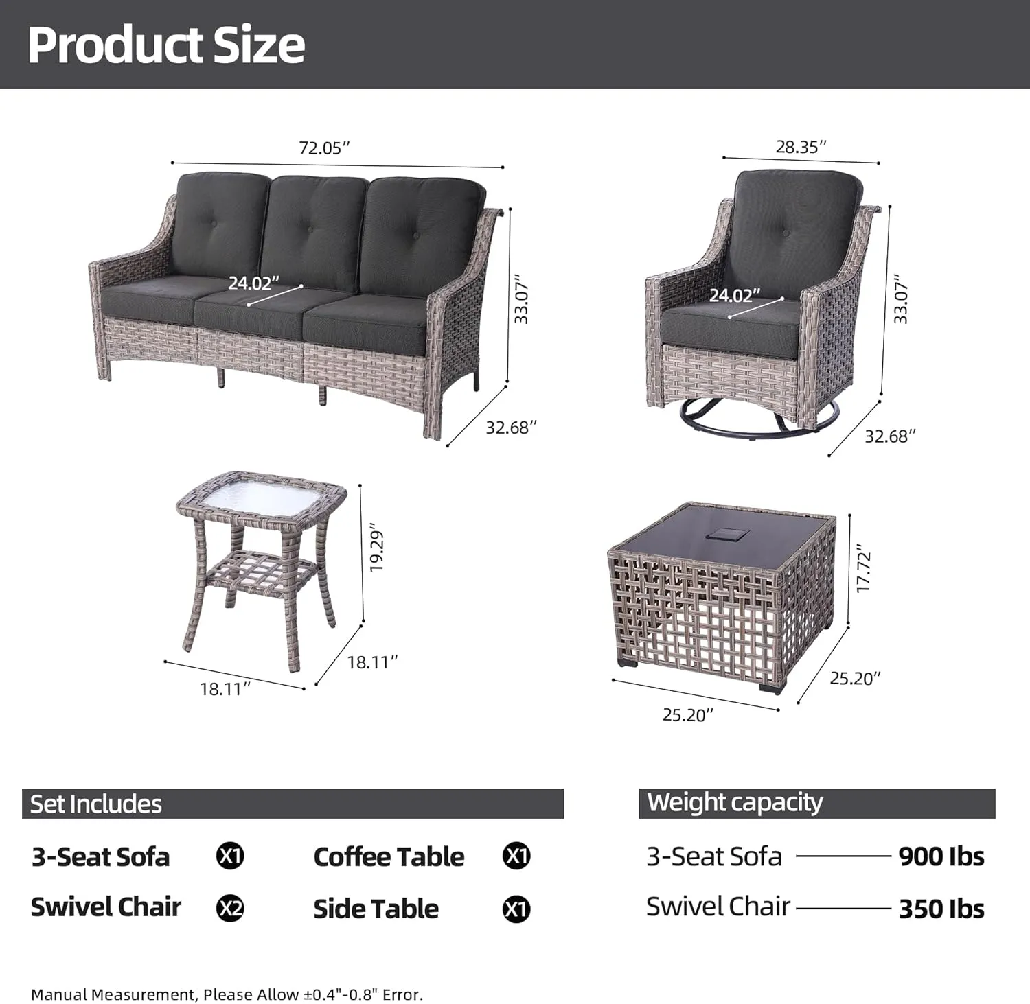 Patio Furniture,All Weather Wicker 5 PCS Outdoor Sofa with High Back Swivel Rocker Chairs,Conversation Set with Solar Powered Coffee Table,Grey Rattan Black Cushion
