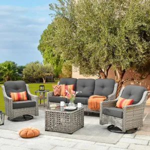 Patio Furniture,All Weather Wicker 5 PCS Outdoor Sofa with High Back Swivel Rocker Chairs,Conversation Set with Solar Powered Coffee Table,Grey Rattan Black Cushion