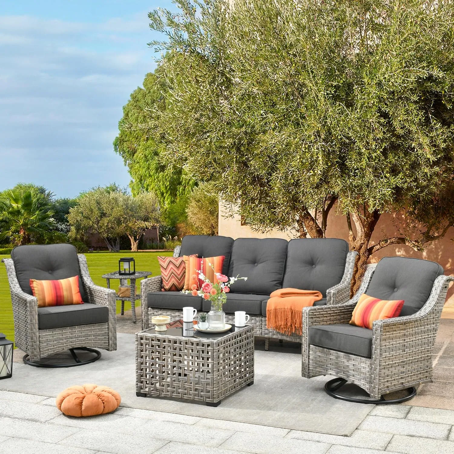 Patio Furniture,All Weather Wicker 5 PCS Outdoor Sofa with High Back Swivel Rocker Chairs,Conversation Set with Solar Powered Coffee Table,Grey Rattan Black Cushion