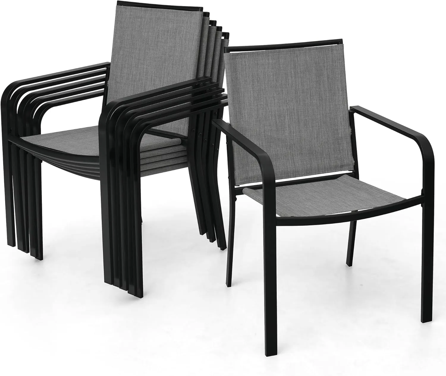 Patio Stacking Dining Chairs 6 Piece with Armrest, Textilene Support and Metal Frame - Gray