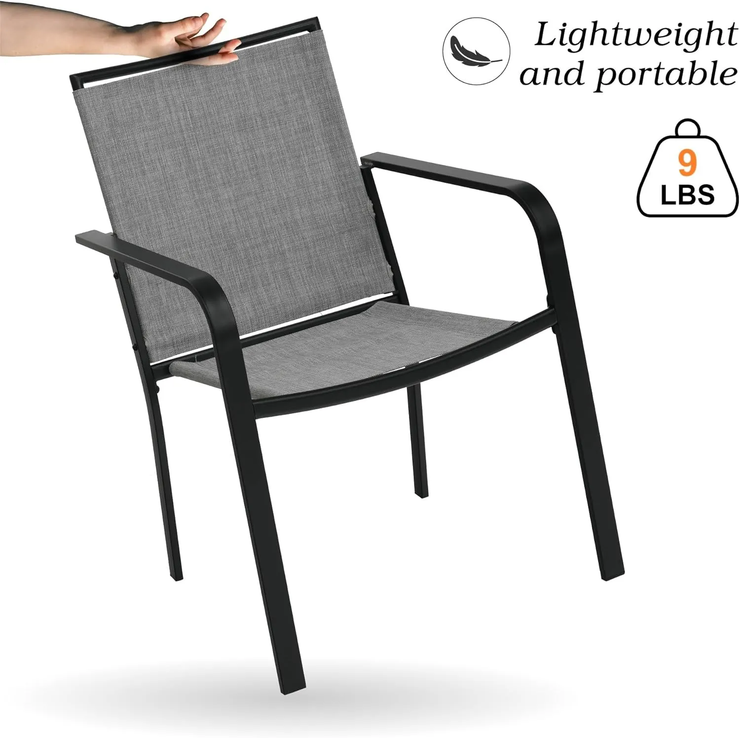 Patio Stacking Dining Chairs 6 Piece with Armrest, Textilene Support and Metal Frame - Gray