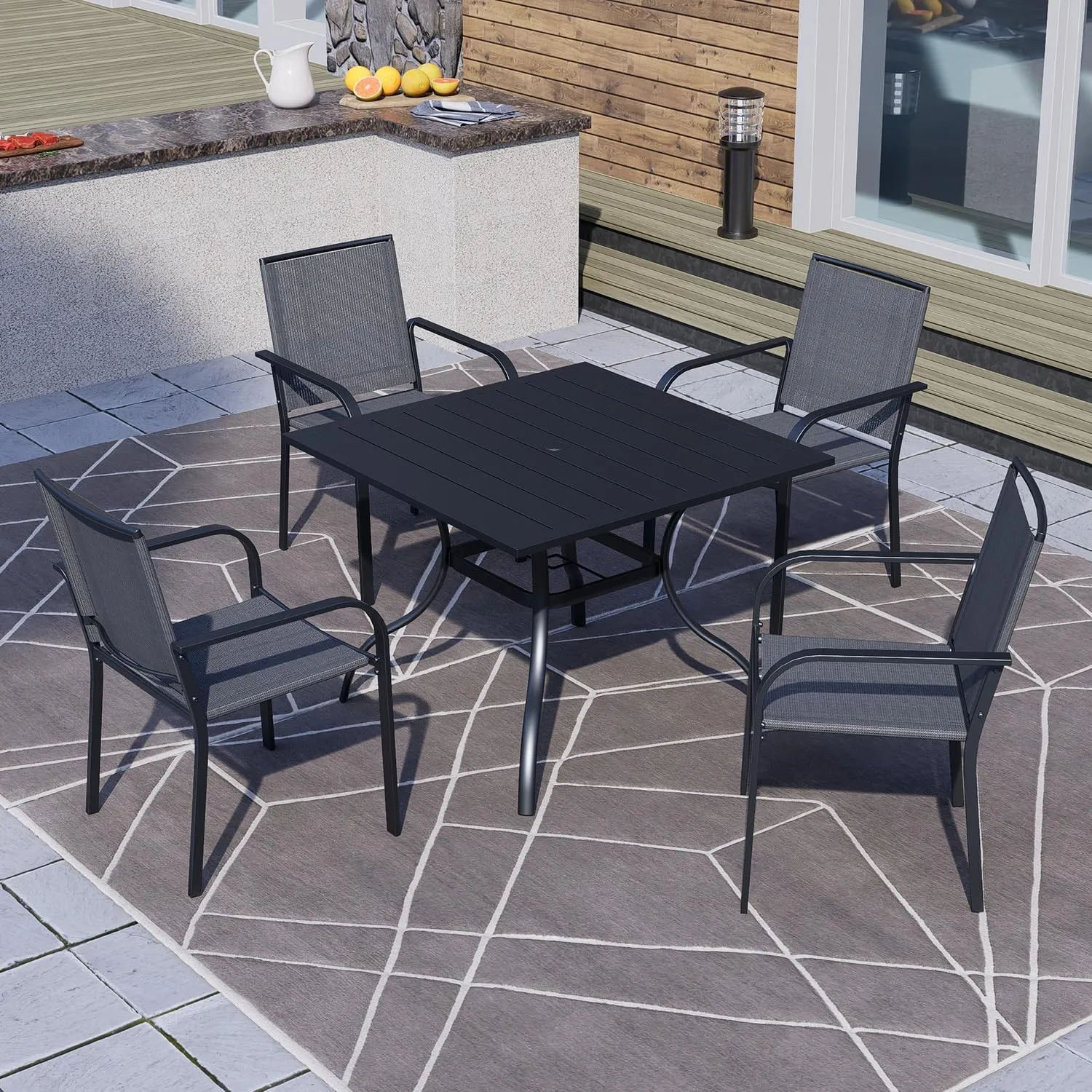 Patio Stacking Dining Chairs 6 Piece with Armrest, Textilene Support and Metal Frame - Gray