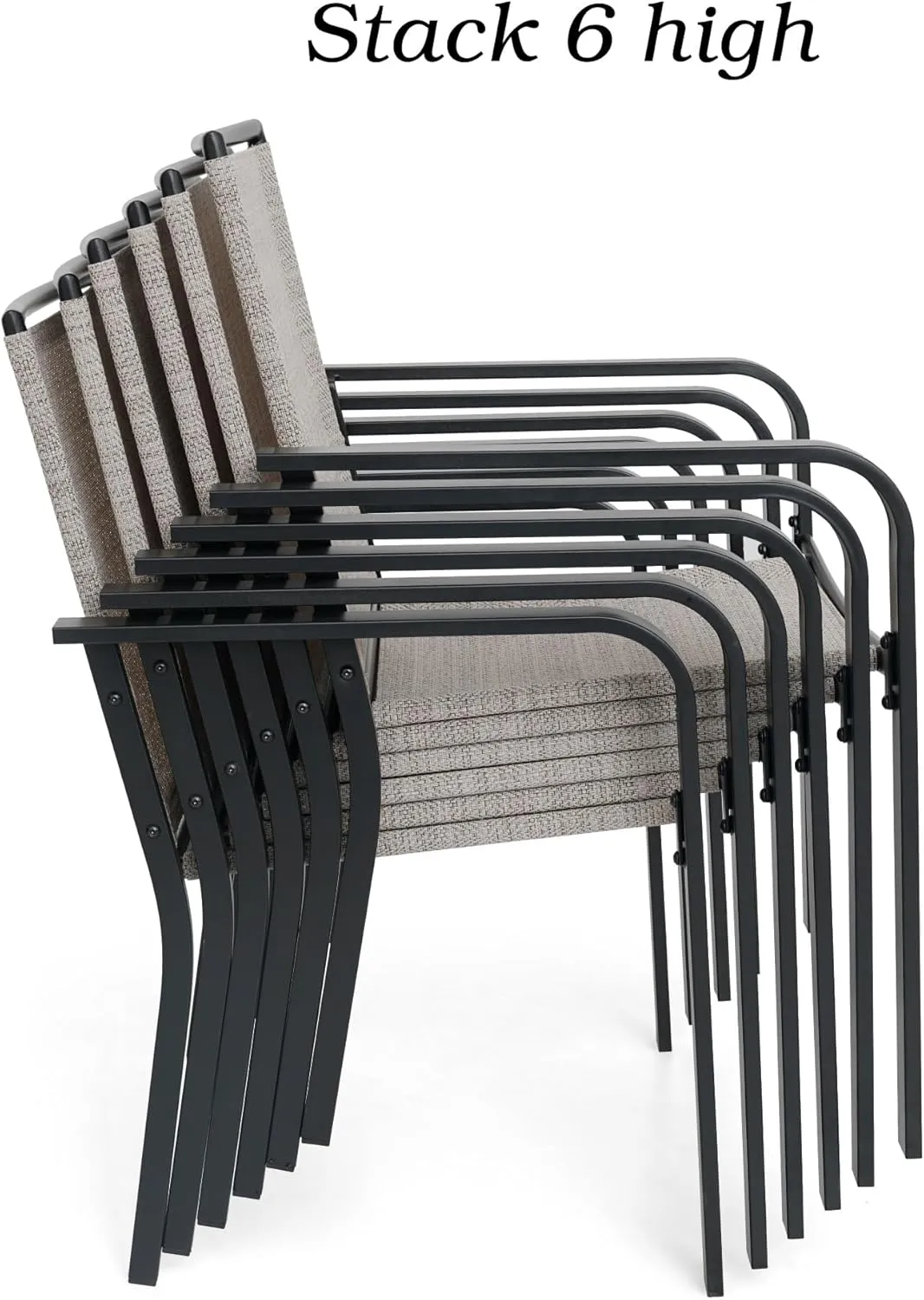 Patio Stacking Dining Chairs 6 Piece with Armrest, Textilene Support and Metal Frame - Gray