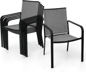 Patio Stacking Dining Chairs 6 Piece with Armrest, Textilene Support and Metal Frame - Gray