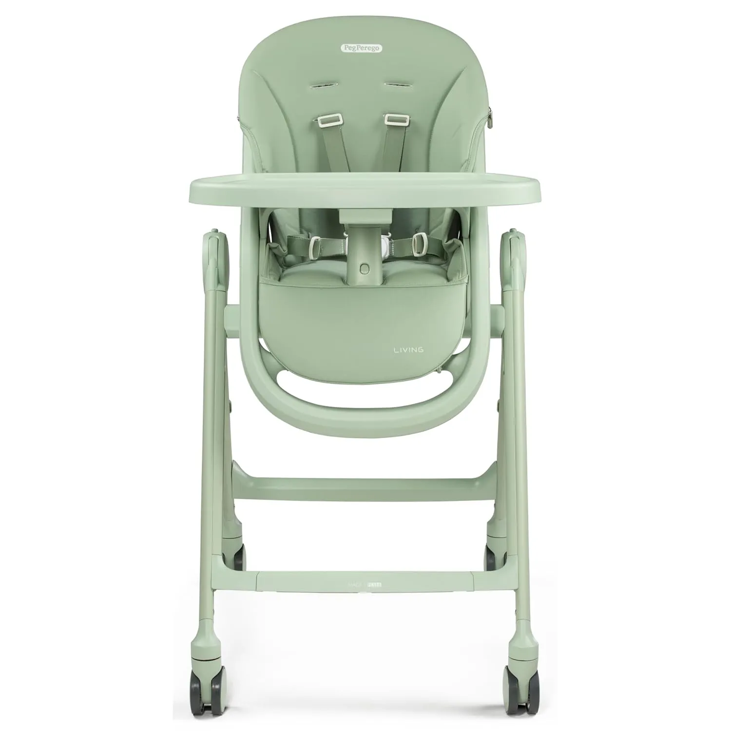Peg Perego Living, Grow with Baby Folding High Chair & Recliner, Height Adjustable, Quick Clean & Easy Push Wheels for Babies & Toddlers, Made in Italy, Sage