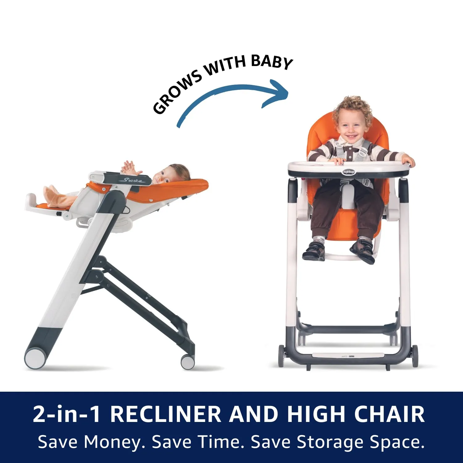 Peg Perego Siesta, Grow with Baby Folding High Chair & Recliner, Height Adjustable, Quick Clean & Easy Push Wheels for Babies & Toddlers, Made in Italy, Ambiance Brown (White)