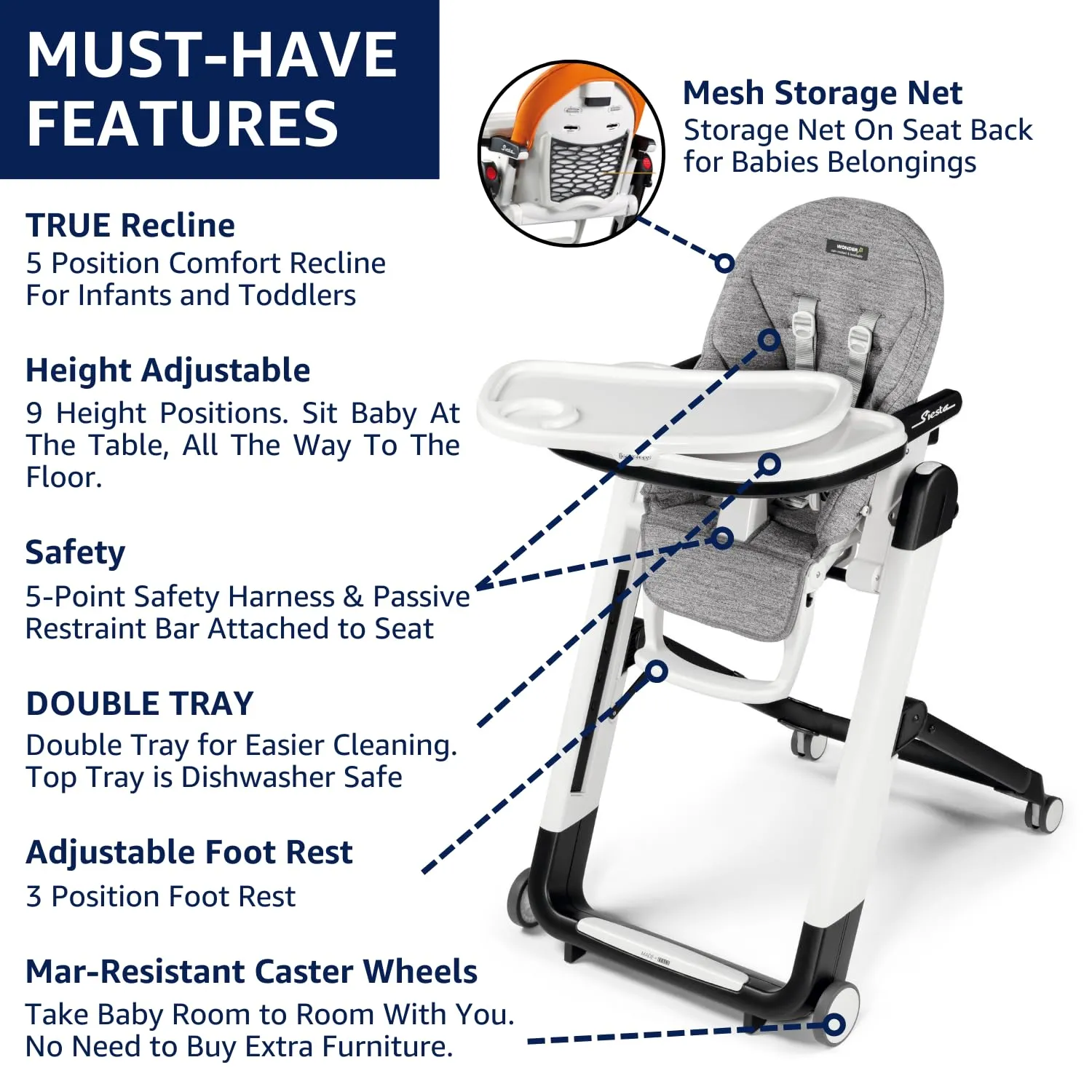 Peg Perego Siesta, Grow with Baby Folding High Chair & Recliner, Height Adjustable, Quick Clean & Easy Push Wheels for Babies & Toddlers, Made in Italy, Ambiance Brown (White)