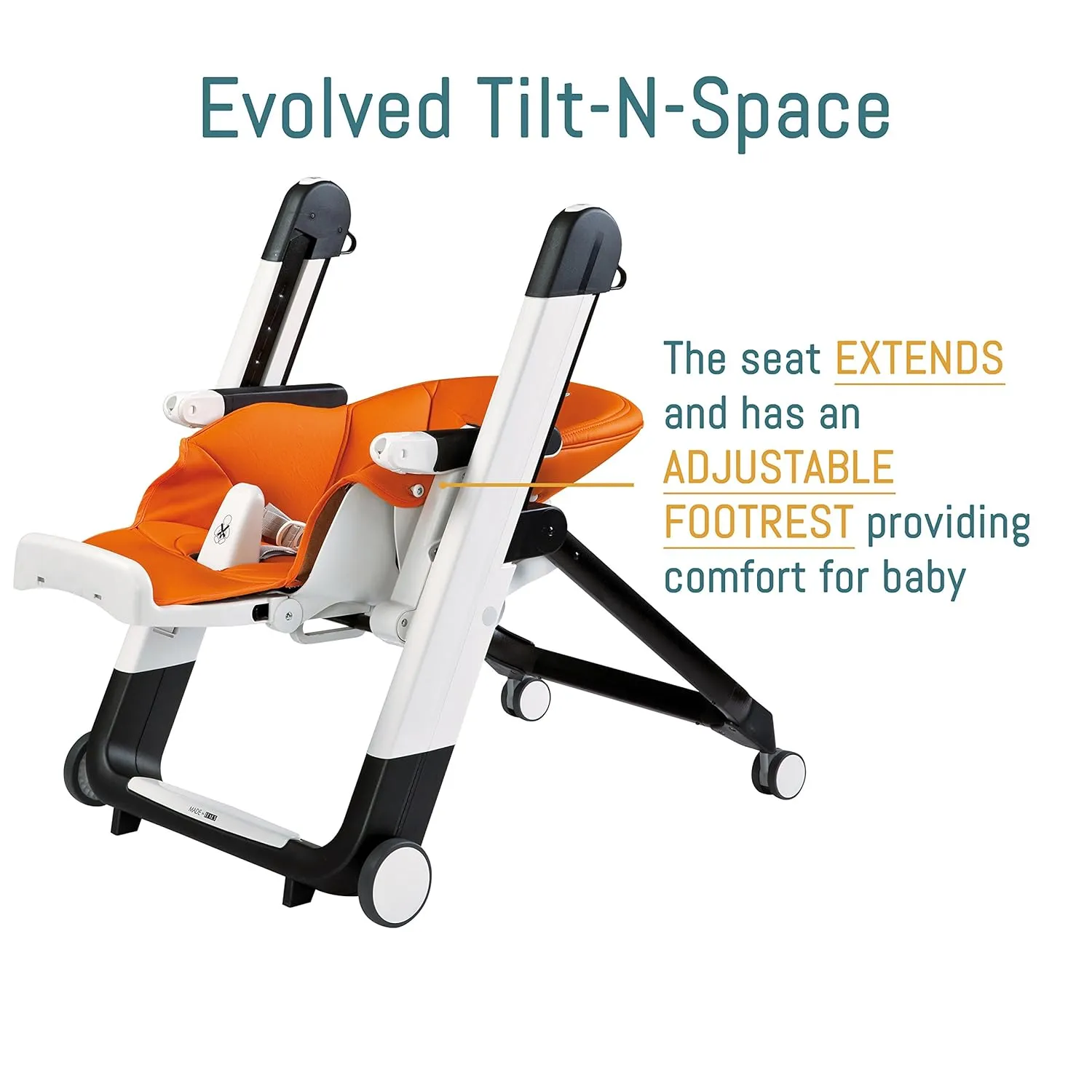 Peg Perego Siesta, Grow With Baby Folding High Chair & Recliner, Height Adjustable, Quick Clean & Easy Push Wheels For Babies & Toddlers, Made in Italy, Arancia (Orange)