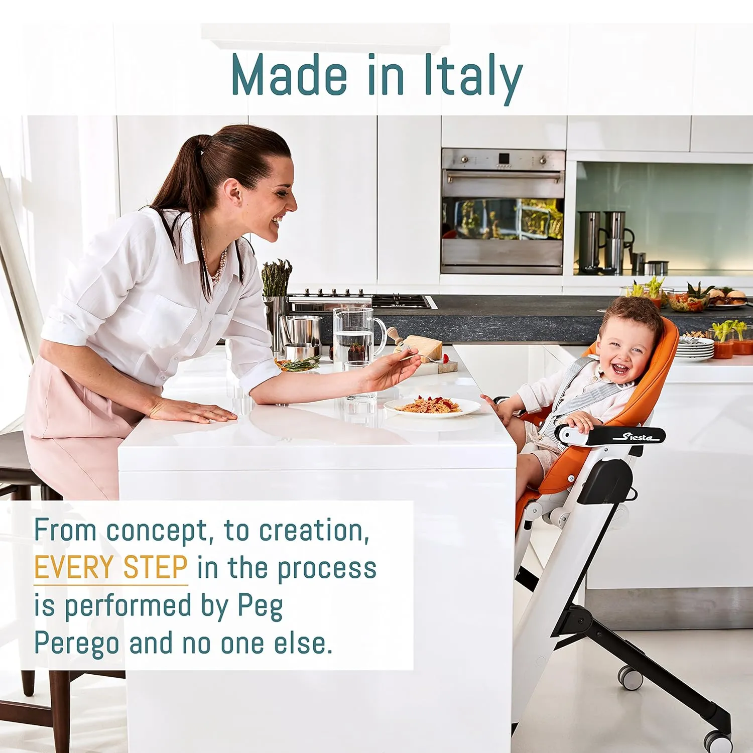 Peg Perego Siesta, Grow With Baby Folding High Chair & Recliner, Height Adjustable, Quick Clean & Easy Push Wheels For Babies & Toddlers, Made in Italy, Arancia (Orange)