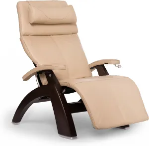 Perfect Chair Human Touch PC-420 Classic Manual Plus Series 2 Dark Walnut Wood Base Zero-Gravity Recliner - Ivory Premium Leather