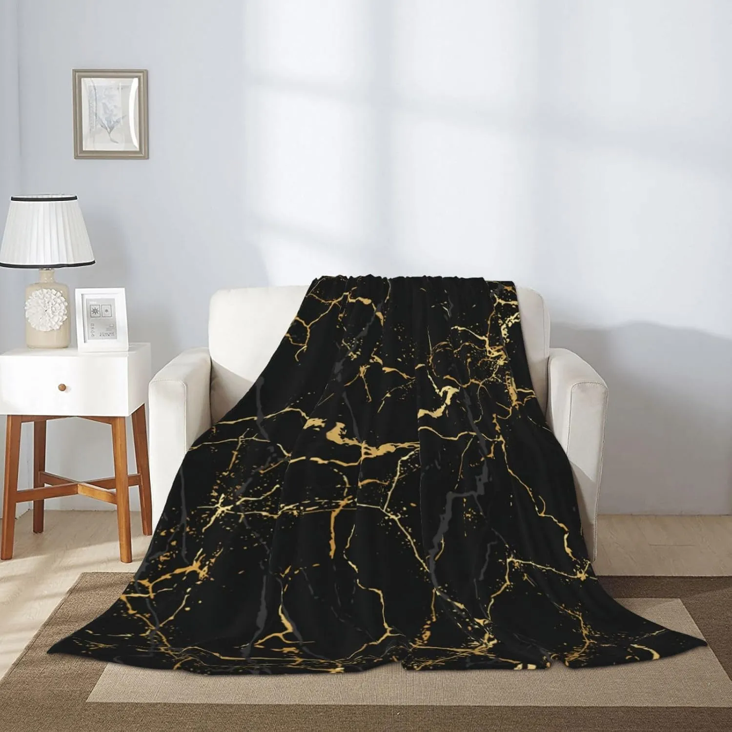 Perinsto Black Marble Texture Throw Blanket Ultra Soft Warm All Season Decorative Fleece Blankets for Bed Chair Car Sofa Couch Bedroom 50"X40"