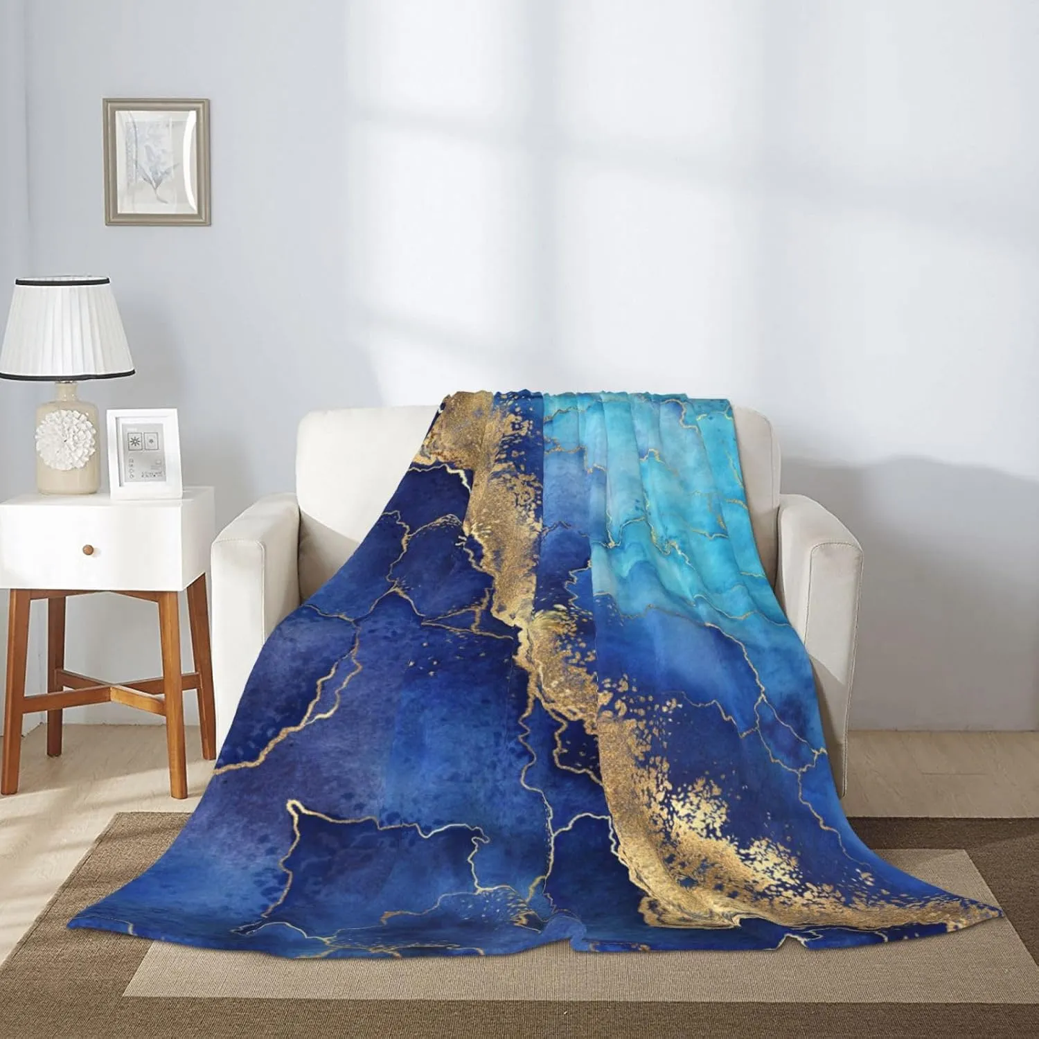 Perinsto Blue Marble Background Throw Blanket Ultra Soft Warm All Season Decorative Fleece Blankets for Bed Chair Car Sofa Couch Bedroom 50"X40"