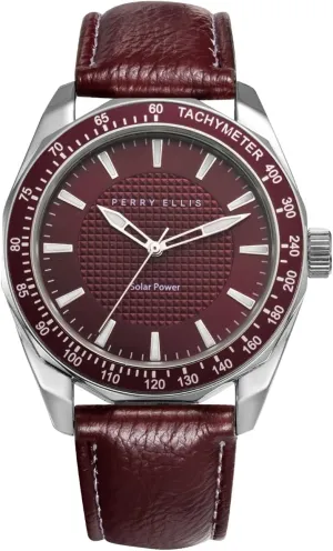 Perry Ellis Solar Powered Mens Watch | Vegan Leather Water-Resistant Analog Wrist Watches for Men | 42mm Case | Aluminum Tachymeter Bezel | Elegant Gift for Man