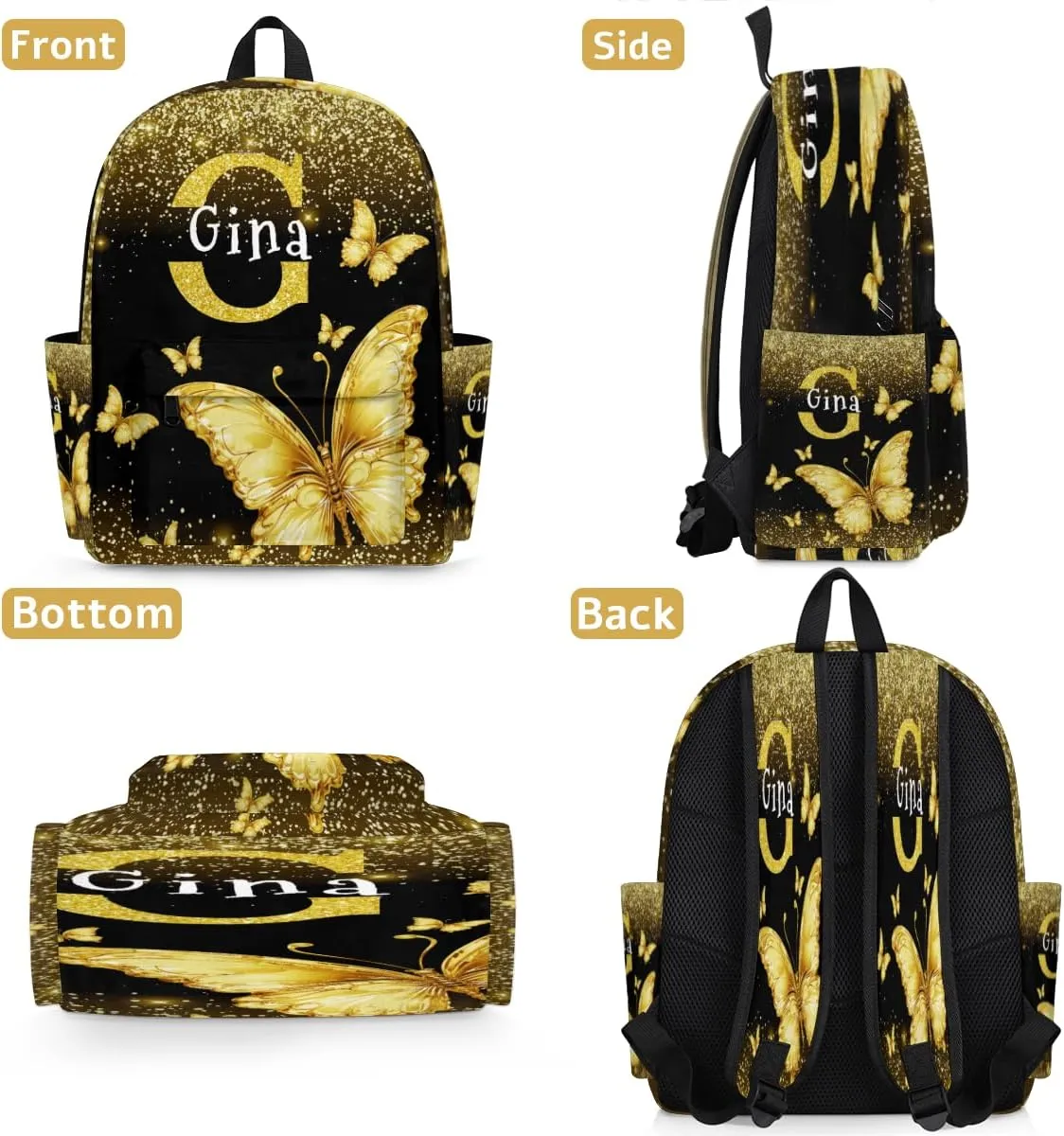 Personalized Backpack with Name, Custom Casual Lightweight Travel Backpack, Bright Gold Butterfly with Glittering