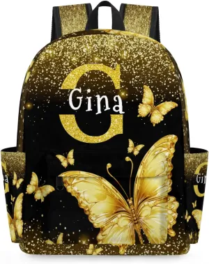 Personalized Backpack with Name, Custom Casual Lightweight Travel Backpack, Bright Gold Butterfly with Glittering