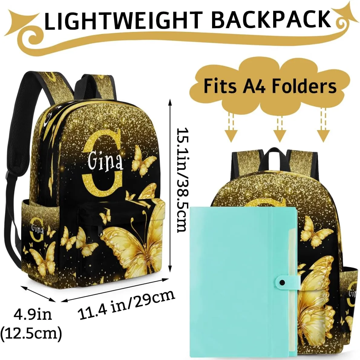 Personalized Backpack with Name, Custom Casual Lightweight Travel Backpack, Bright Gold Butterfly with Glittering