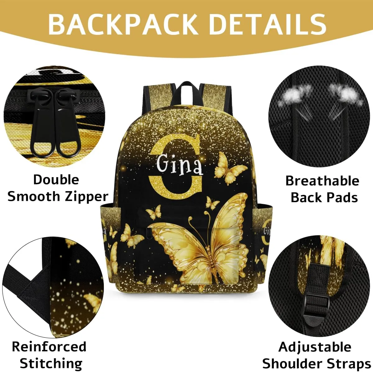 Personalized Backpack with Name, Custom Casual Lightweight Travel Backpack, Bright Gold Butterfly with Glittering