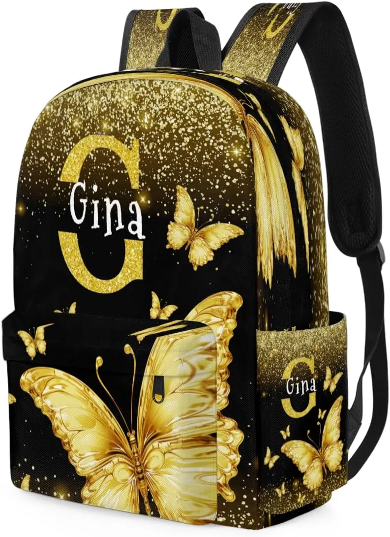 Personalized Backpack with Name, Custom Casual Lightweight Travel Backpack, Bright Gold Butterfly with Glittering