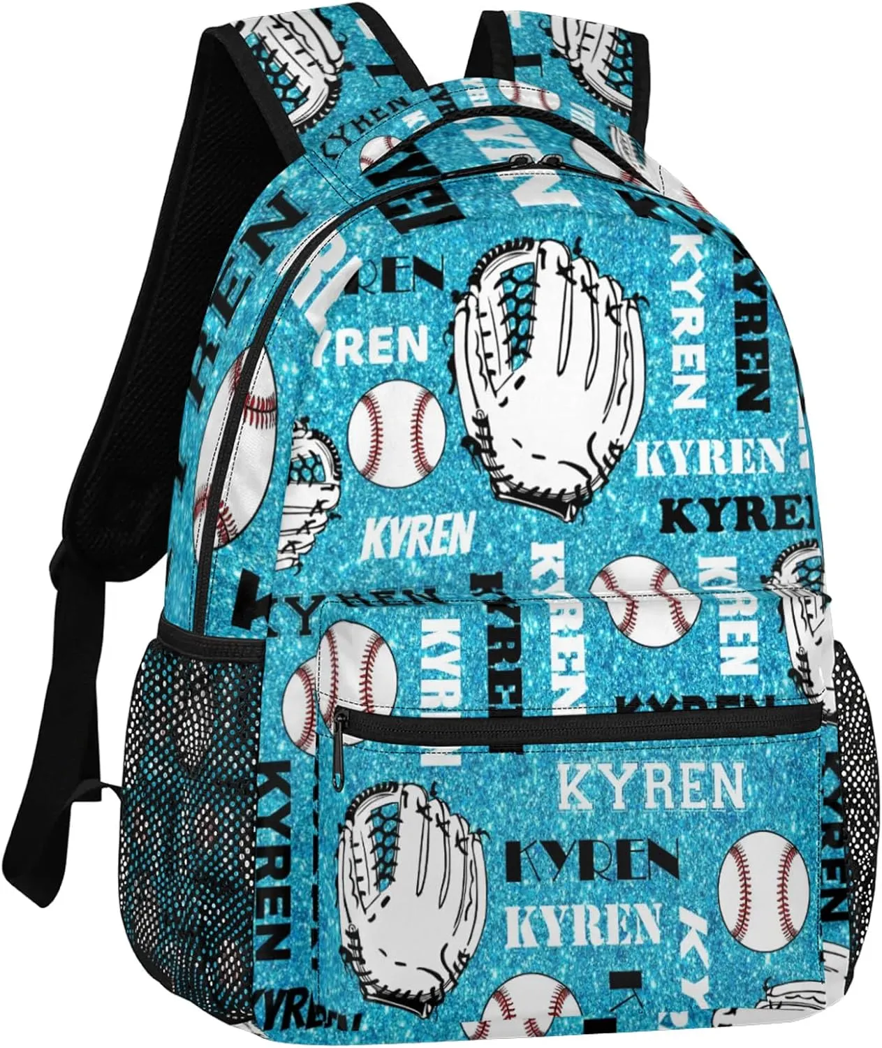 Personalized Baseball Backpack for Men Women, Custom Laptop Backpack with Name, Sports Bag Lightweight Daypack for Travel Hiking Camping, Blue Glitter