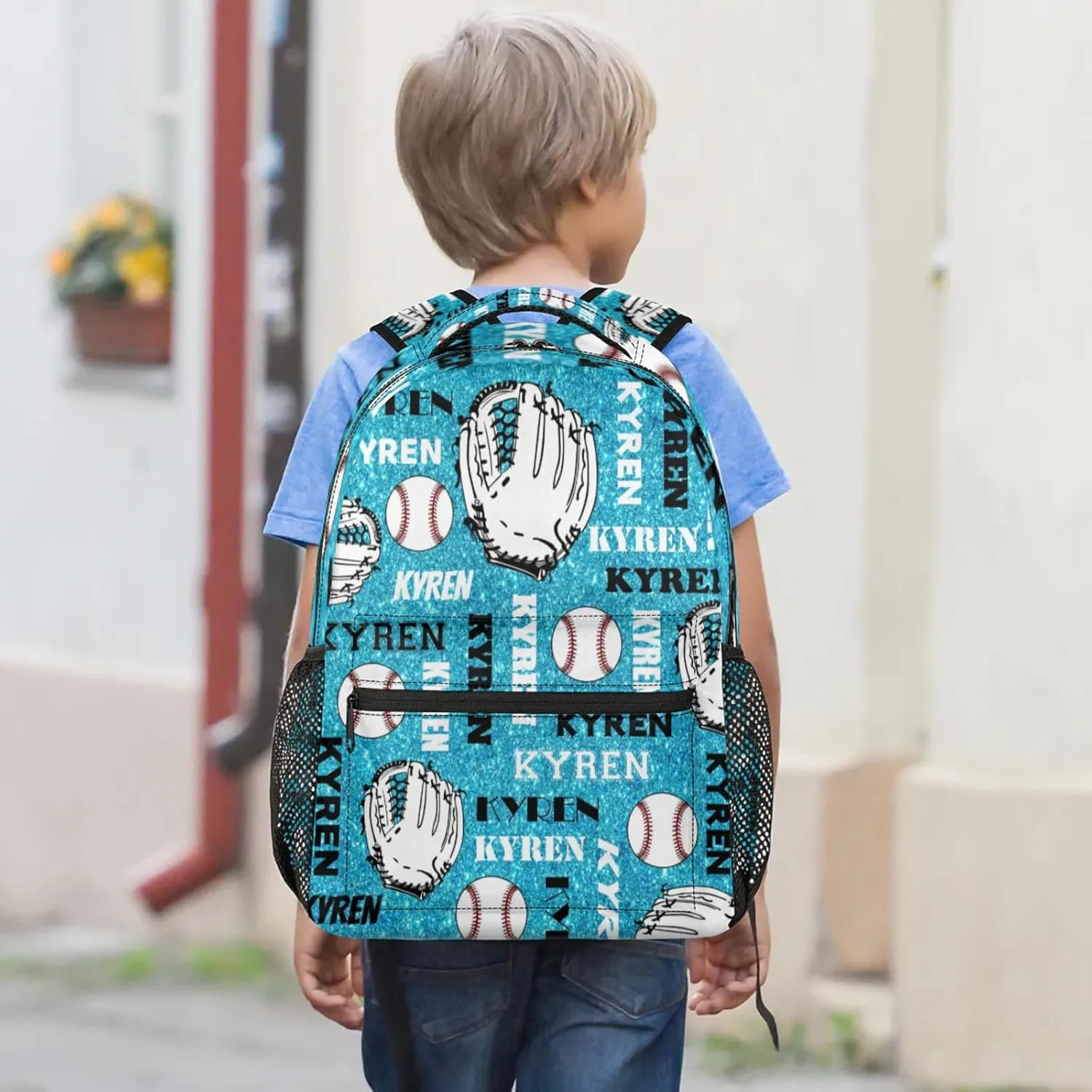 Personalized Baseball Backpack for Men Women, Custom Laptop Backpack with Name, Sports Bag Lightweight Daypack for Travel Hiking Camping, Blue Glitter