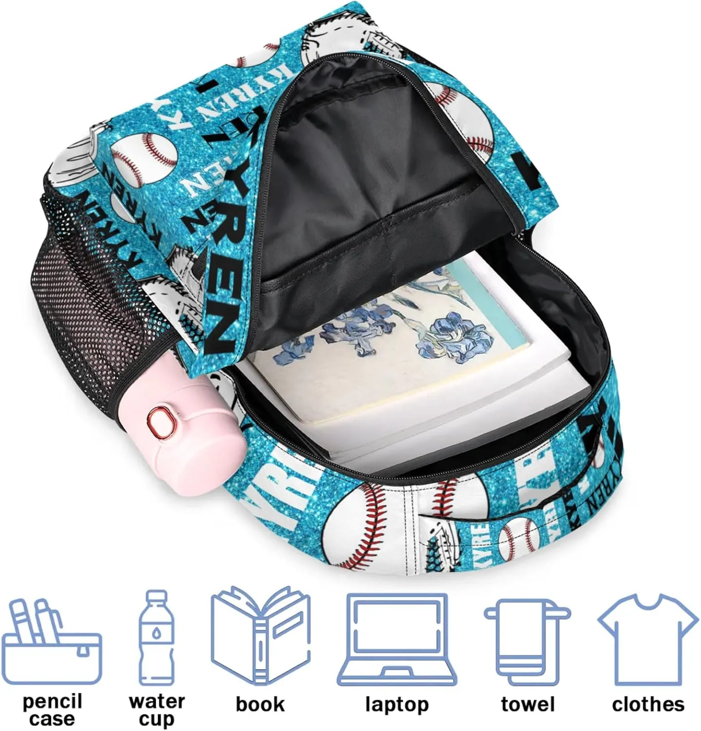 Personalized Baseball Backpack for Men Women, Custom Laptop Backpack with Name, Sports Bag Lightweight Daypack for Travel Hiking Camping, Blue Glitter