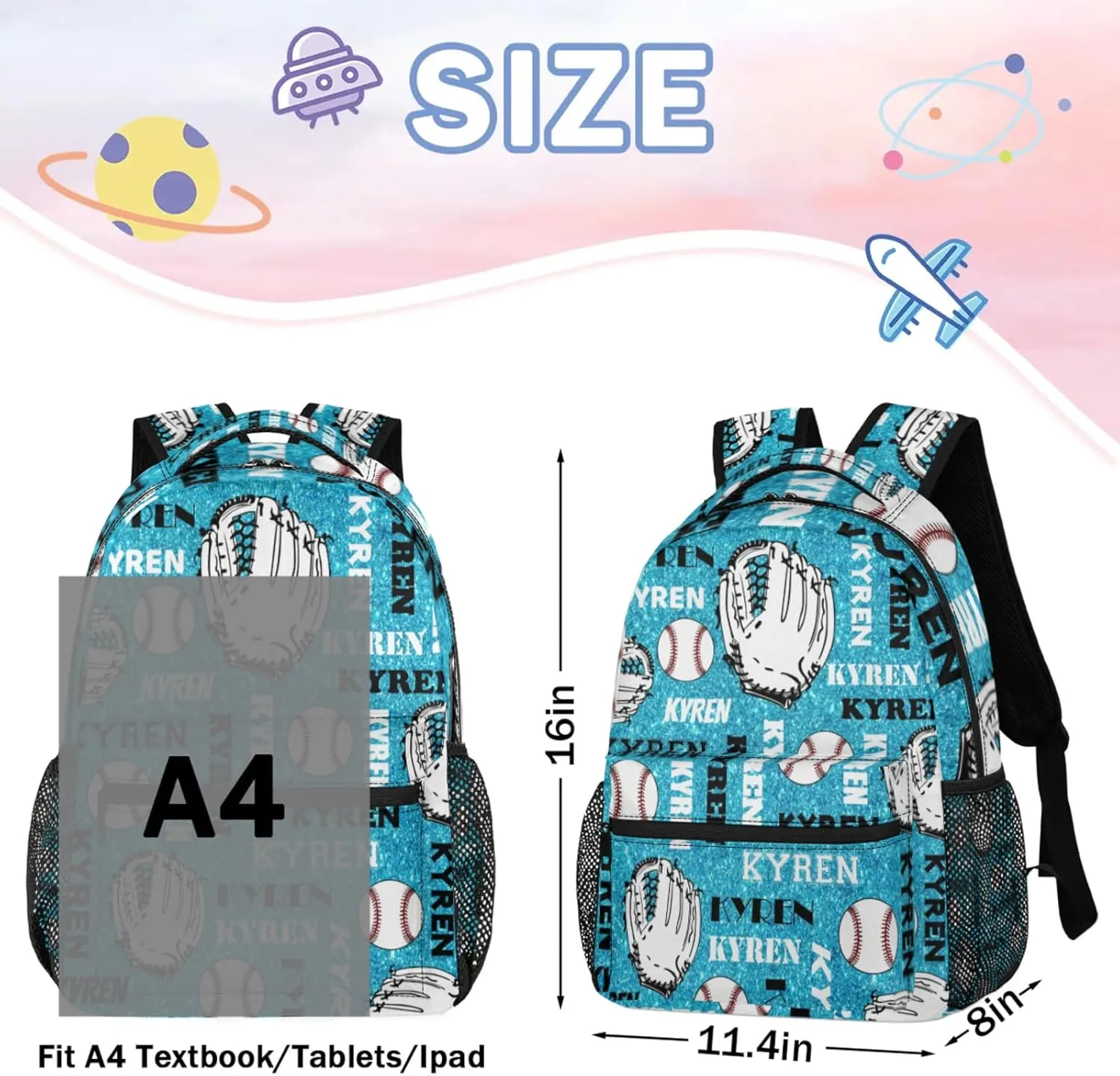 Personalized Baseball Backpack for Men Women, Custom Laptop Backpack with Name, Sports Bag Lightweight Daypack for Travel Hiking Camping, Blue Glitter