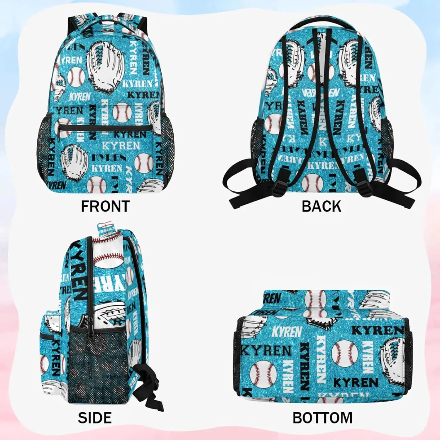 Personalized Baseball Backpack for Men Women, Custom Laptop Backpack with Name, Sports Bag Lightweight Daypack for Travel Hiking Camping, Blue Glitter
