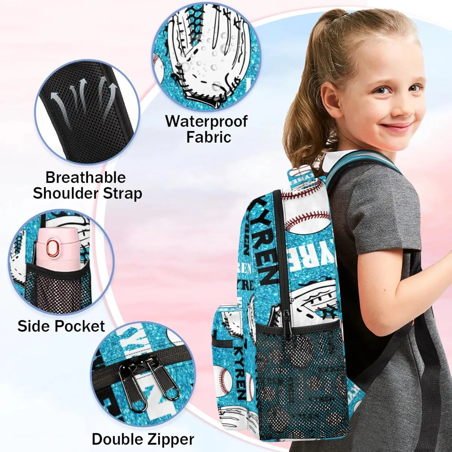 Personalized Baseball Backpack for Men Women, Custom Laptop Backpack with Name, Sports Bag Lightweight Daypack for Travel Hiking Camping, Blue Glitter