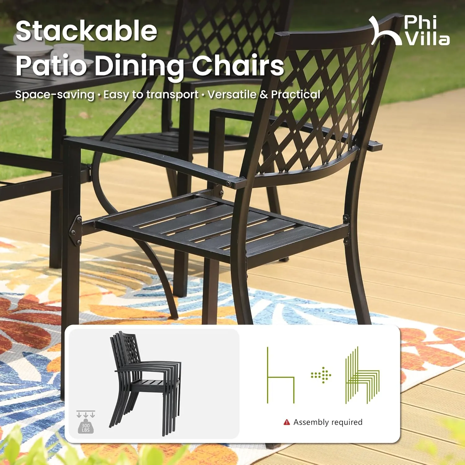 PHI VILLA Wrought Iron Patio Dining Chairs, Stackable Black Outdoor Patio Chairs Set of 6, Metal Patio Chairs, Support 300 LBS, Black