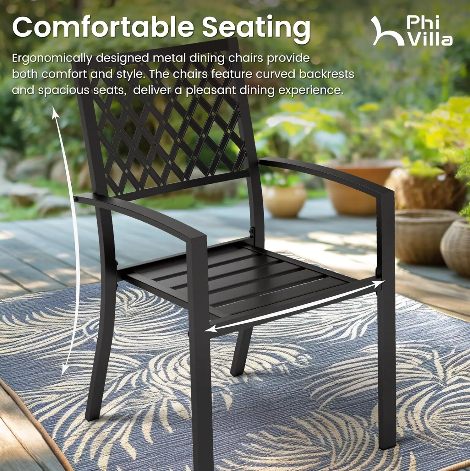 PHI VILLA Wrought Iron Patio Dining Chairs, Stackable Black Outdoor Patio Chairs Set of 6, Metal Patio Chairs, Support 300 LBS, Black