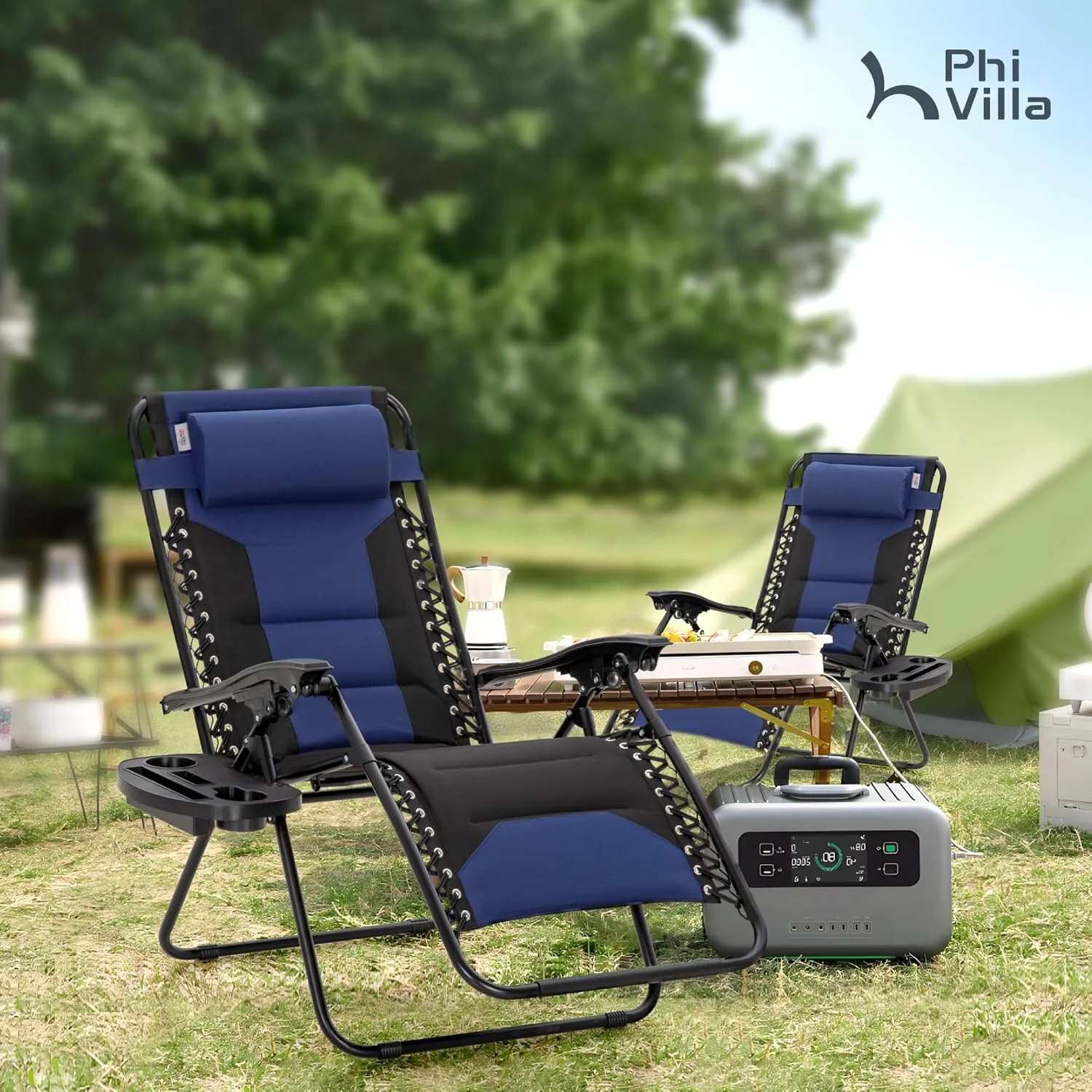 PHI VILLA XXL Oversized Padded Zero Gravity Chair, Foldable Patio Recliner, 28" Wide Seat Anti Gravity Lounger with Cup Holder, Set of 2, Support 400 LBS (Blue Black)