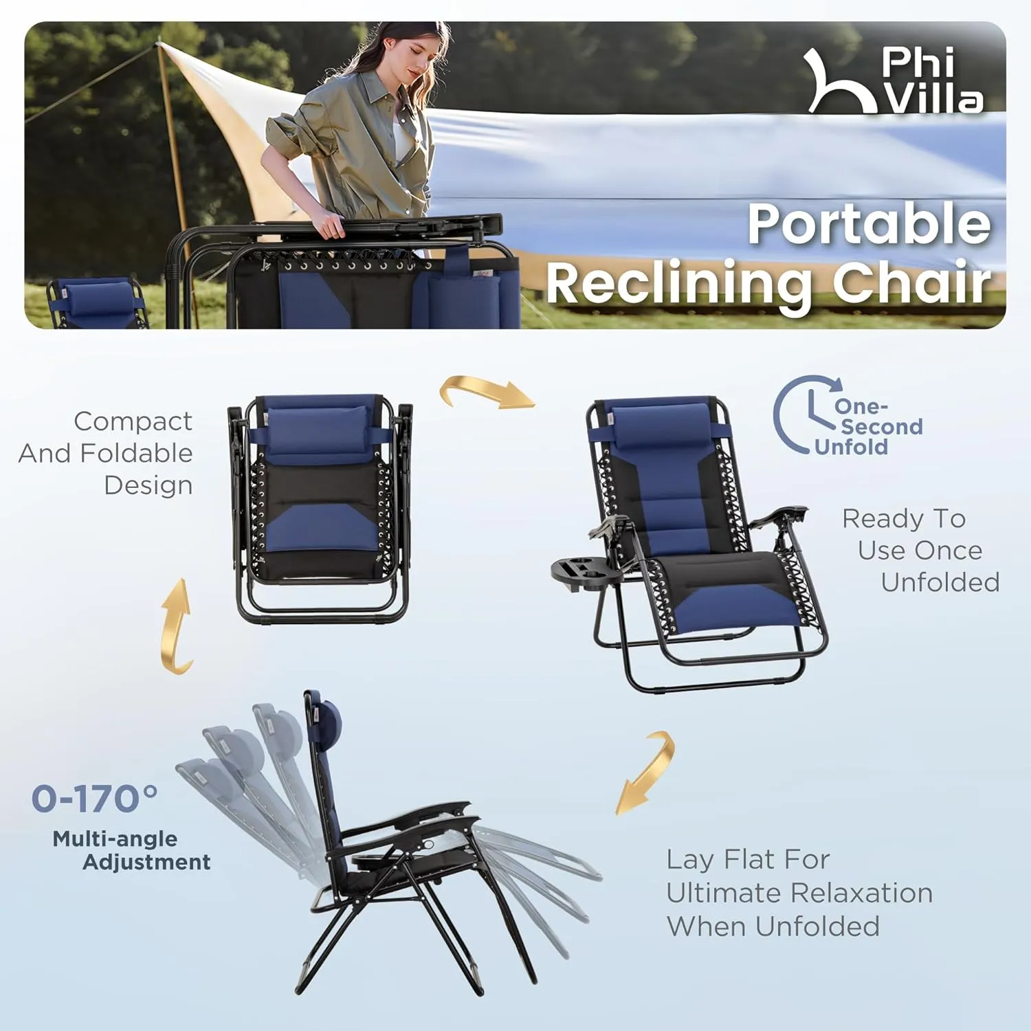 PHI VILLA XXL Oversized Padded Zero Gravity Chair, Foldable Patio Recliner, 28" Wide Seat Anti Gravity Lounger with Cup Holder, Set of 2, Support 400 LBS (Blue Black)