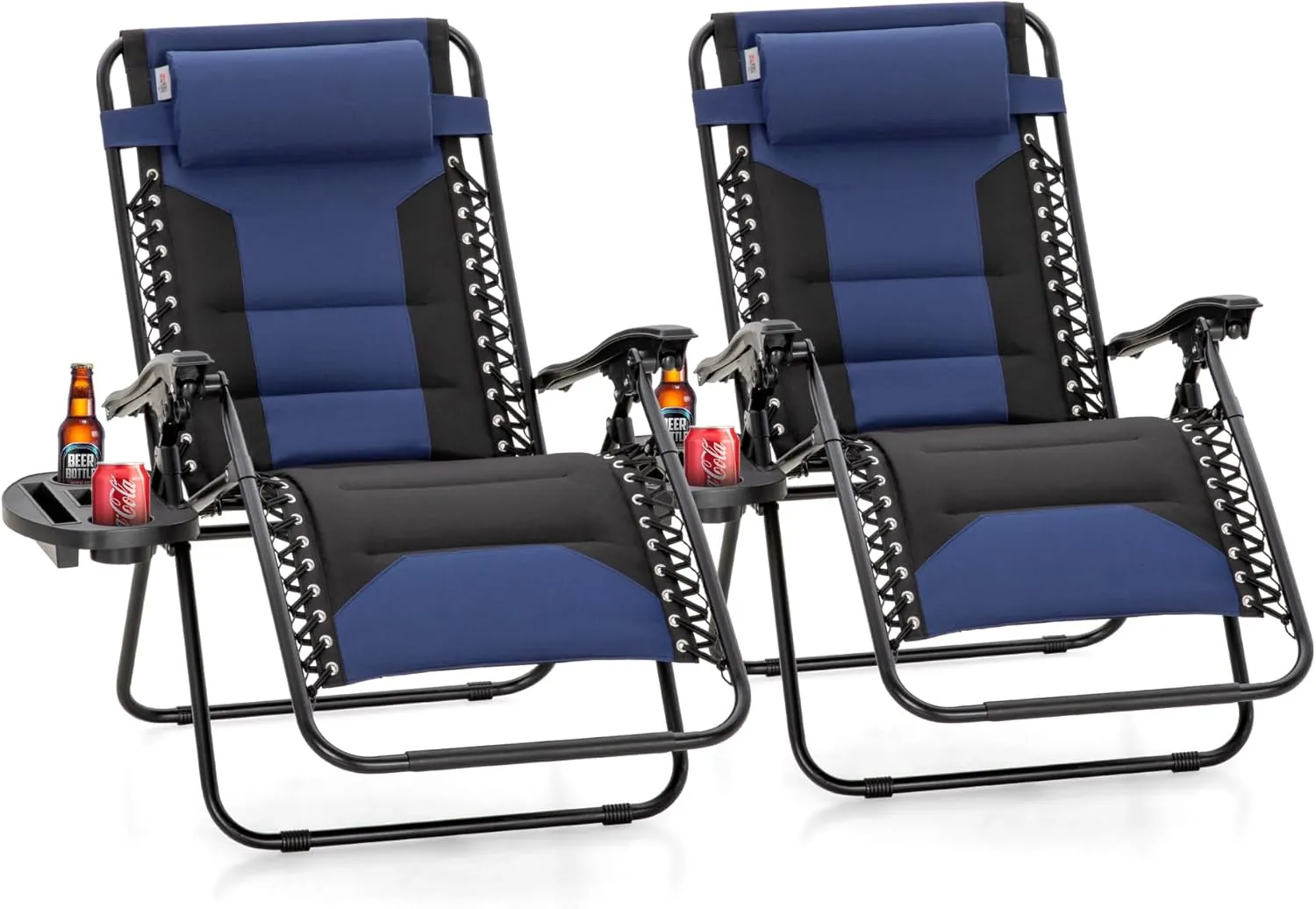 PHI VILLA XXL Oversized Padded Zero Gravity Chair, Foldable Patio Recliner, 28" Wide Seat Anti Gravity Lounger with Cup Holder, Set of 2, Support 400 LBS (Blue Black)