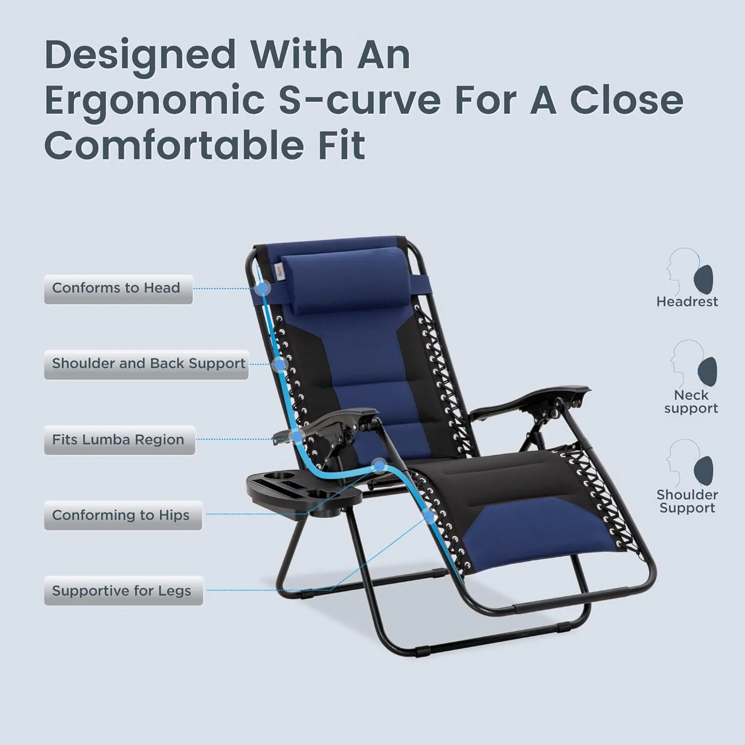 PHI VILLA XXL Oversized Padded Zero Gravity Chair, Foldable Patio Recliner, 28" Wide Seat Anti Gravity Lounger with Cup Holder, Set of 2, Support 400 LBS (Blue Black)