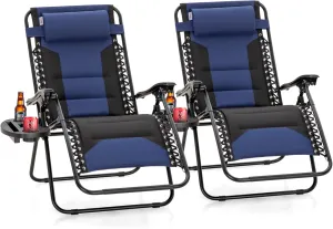 PHI VILLA XXL Oversized Padded Zero Gravity Chair, Foldable Patio Recliner, 28" Wide Seat Anti Gravity Lounger with Cup Holder, Set of 2, Support 400 LBS (Blue Black)