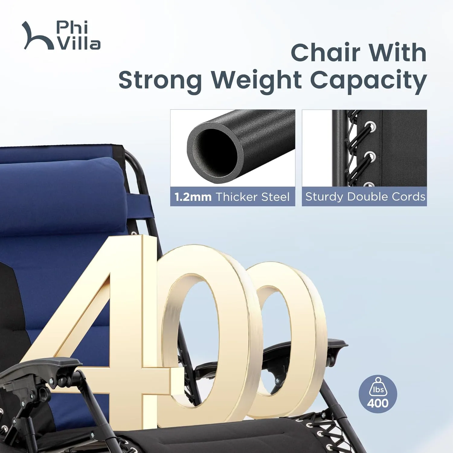 PHI VILLA XXL Oversized Padded Zero Gravity Chair, Foldable Patio Recliner, 28" Wide Seat Anti Gravity Lounger with Cup Holder, Set of 2, Support 400 LBS (Blue Black)