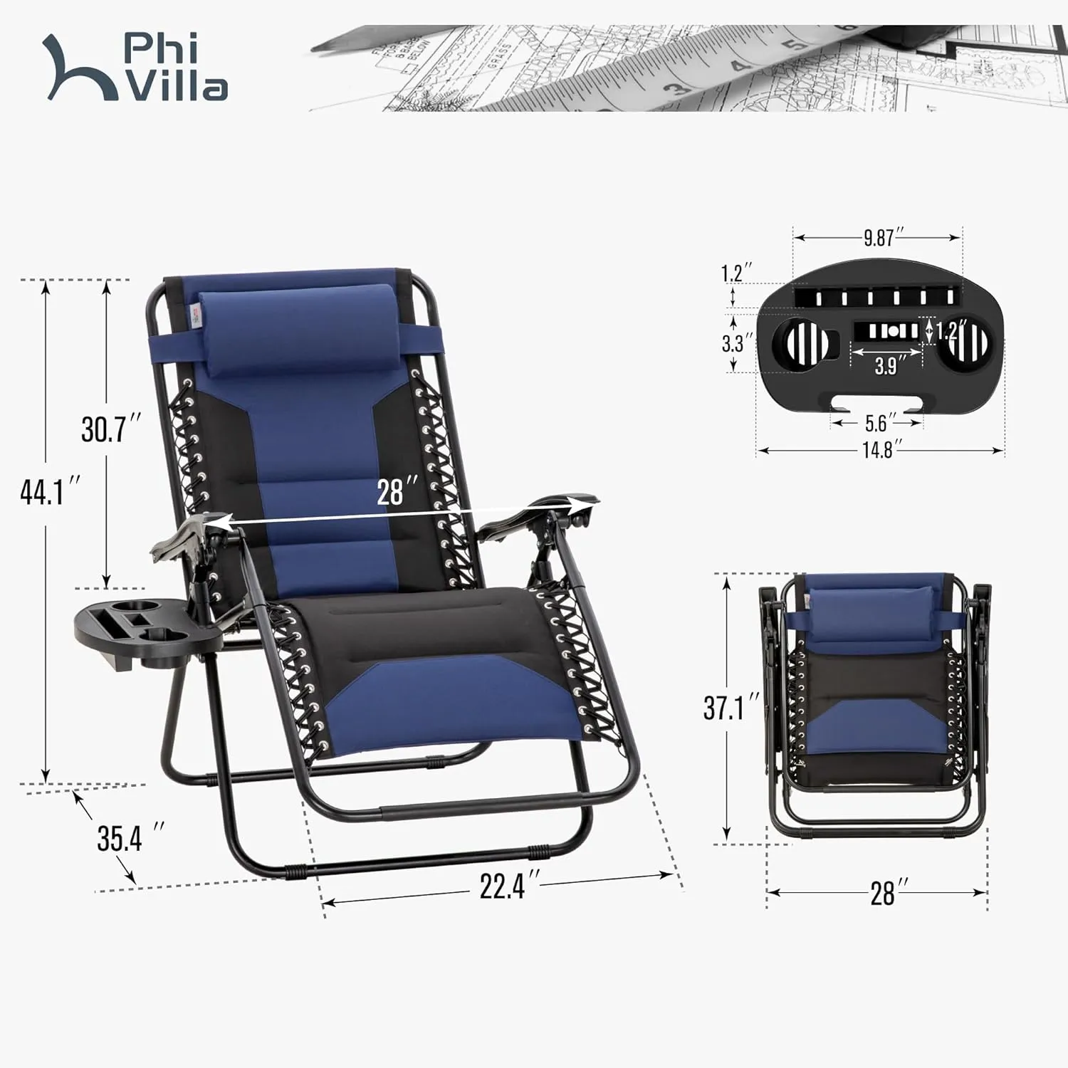 PHI VILLA XXL Oversized Padded Zero Gravity Chair, Foldable Patio Recliner, 28" Wide Seat Anti Gravity Lounger with Cup Holder, Set of 2, Support 400 LBS (Blue Black)