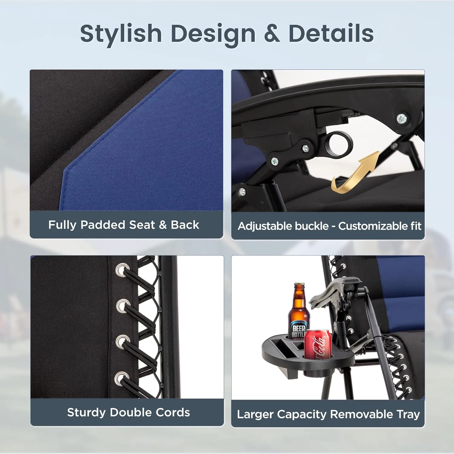 PHI VILLA XXL Oversized Padded Zero Gravity Chair, Foldable Patio Recliner, 28" Wide Seat Anti Gravity Lounger with Cup Holder, Set of 2, Support 400 LBS (Blue Black)
