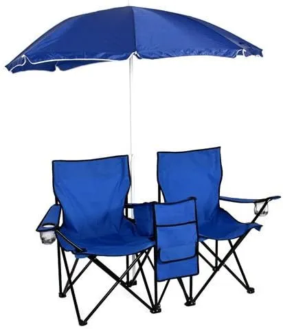Picnic Double Folding Chair w Umbrella Table Cooler Fold Up Beach Camping Chair