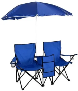 Picnic Double Folding Chair w Umbrella Table Cooler Fold Up Beach Camping Chair
