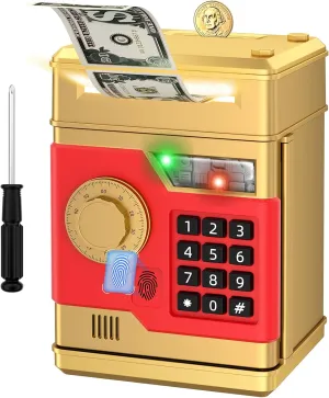 Piggy Bank, Automatic Electronic Piggy Bank for Kids Boys Girls with Password and Fingerprint Unlocking Simulation, Money Bank Kids Safe Toys for 3 4 5 6 7 8 9 10 Year Old Boy Girl (Gold)
