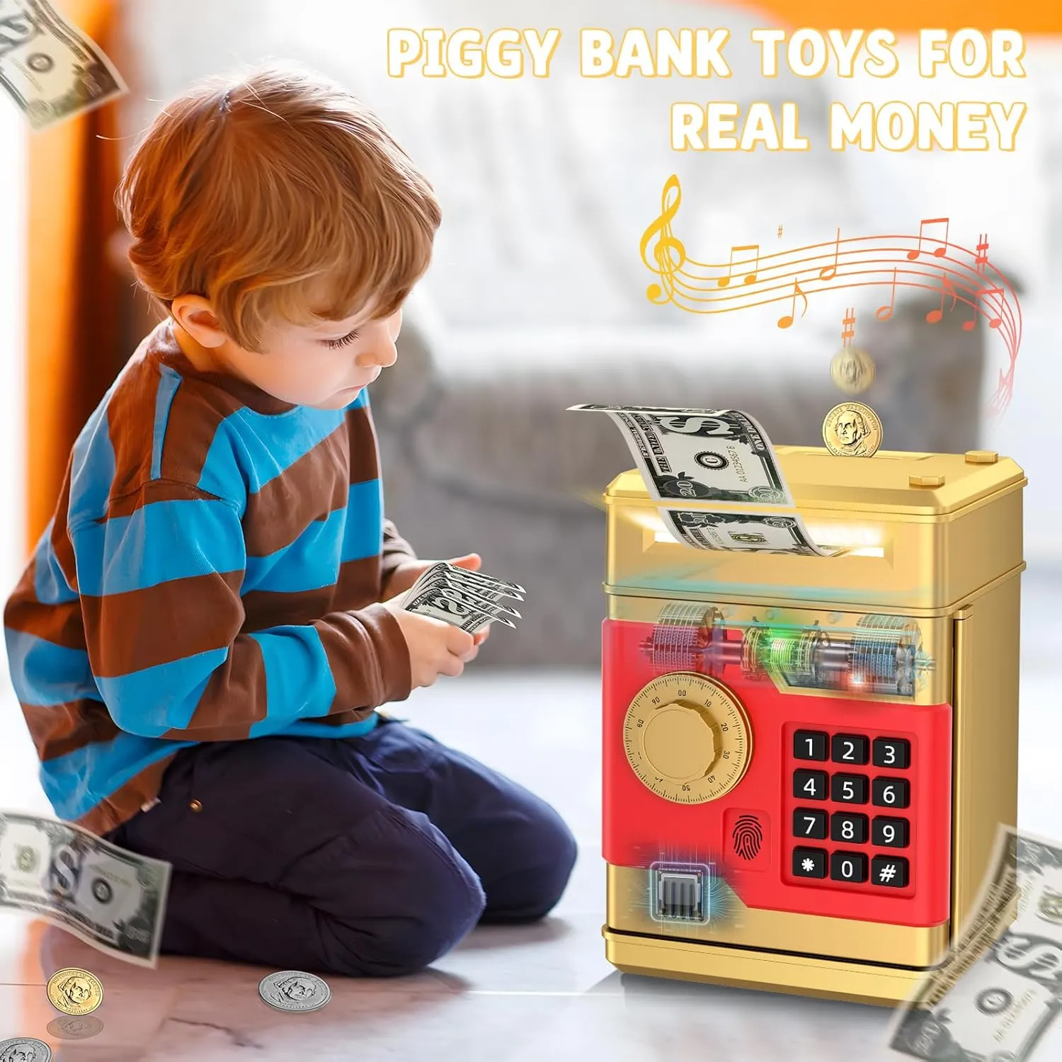 Piggy Bank, Automatic Electronic Piggy Bank for Kids Boys Girls with Password and Fingerprint Unlocking Simulation, Money Bank Kids Safe Toys for 3 4 5 6 7 8 9 10 Year Old Boy Girl (Gold)
