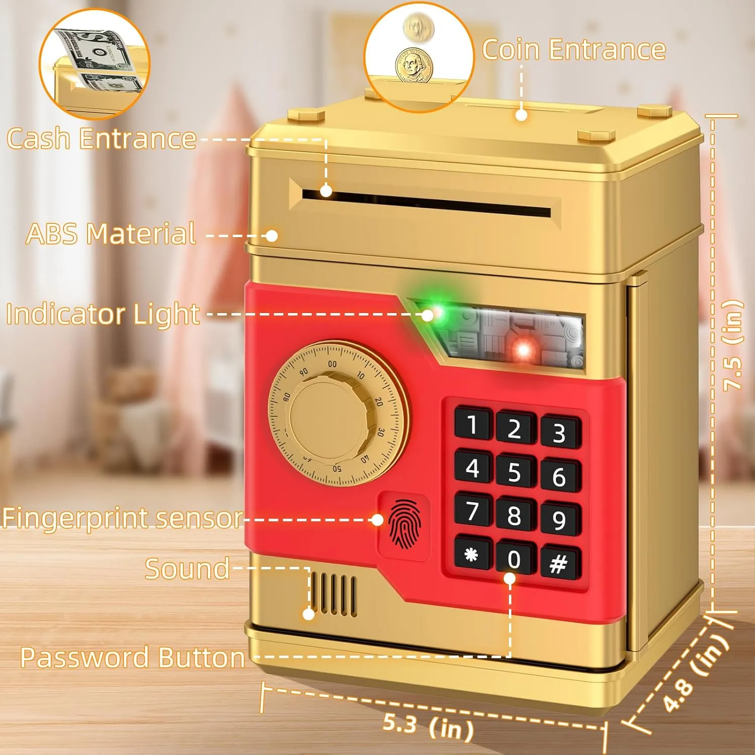 Piggy Bank, Automatic Electronic Piggy Bank for Kids Boys Girls with Password and Fingerprint Unlocking Simulation, Money Bank Kids Safe Toys for 3 4 5 6 7 8 9 10 Year Old Boy Girl (Gold)