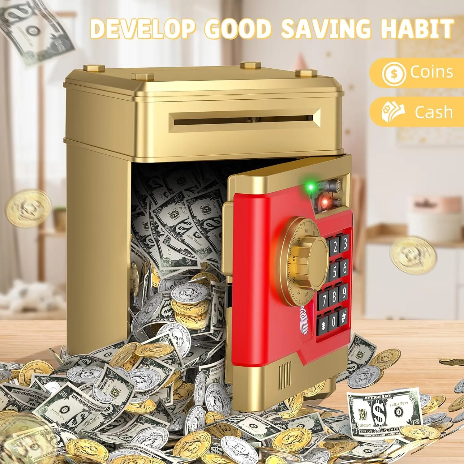Piggy Bank, Automatic Electronic Piggy Bank for Kids Boys Girls with Password and Fingerprint Unlocking Simulation, Money Bank Kids Safe Toys for 3 4 5 6 7 8 9 10 Year Old Boy Girl (Gold)
